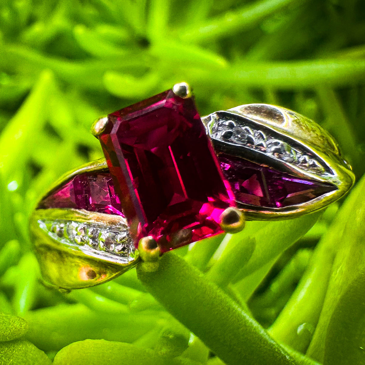 Created Emerald Cut Ruby Ring