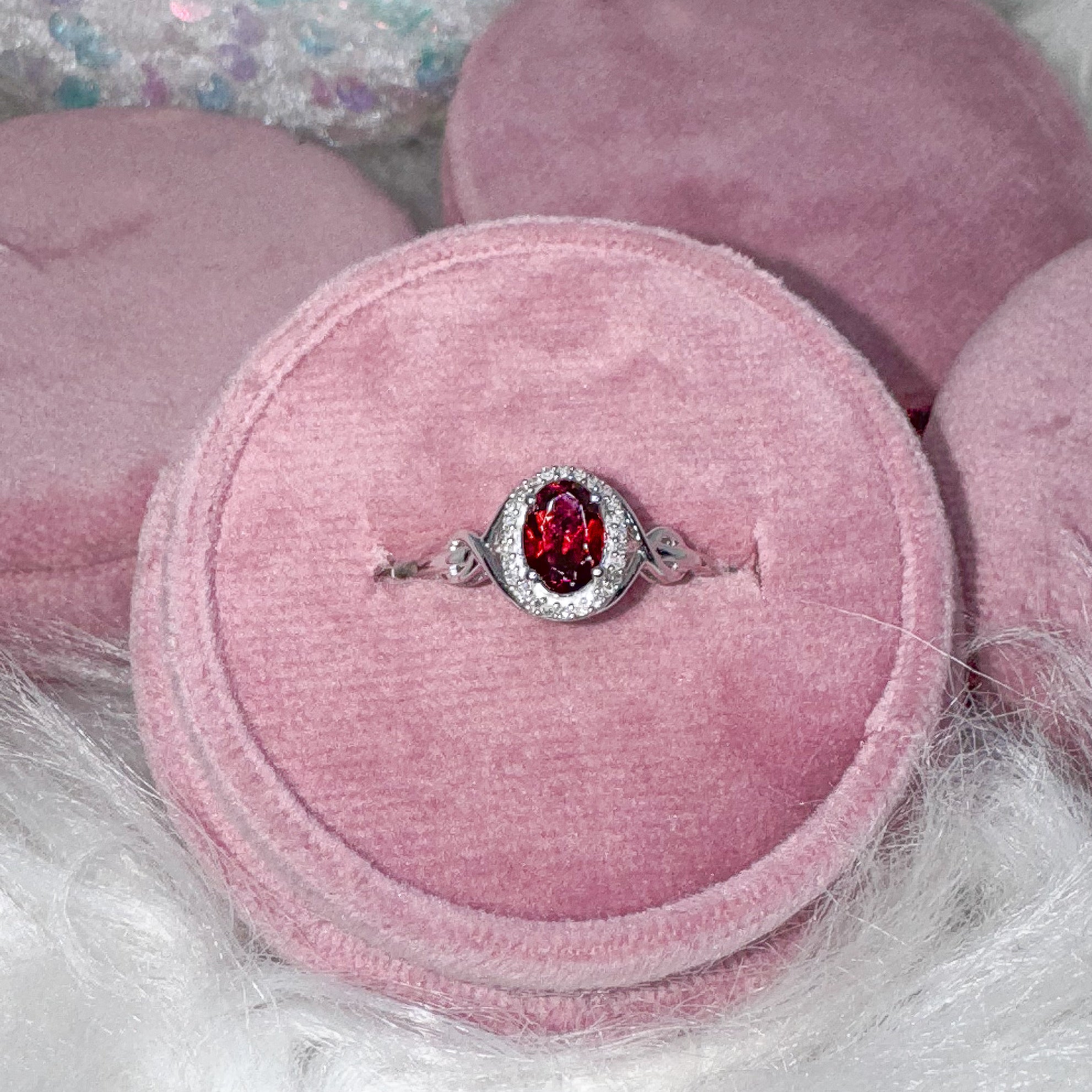 White Gold Twist Garnet & Diamond Ring